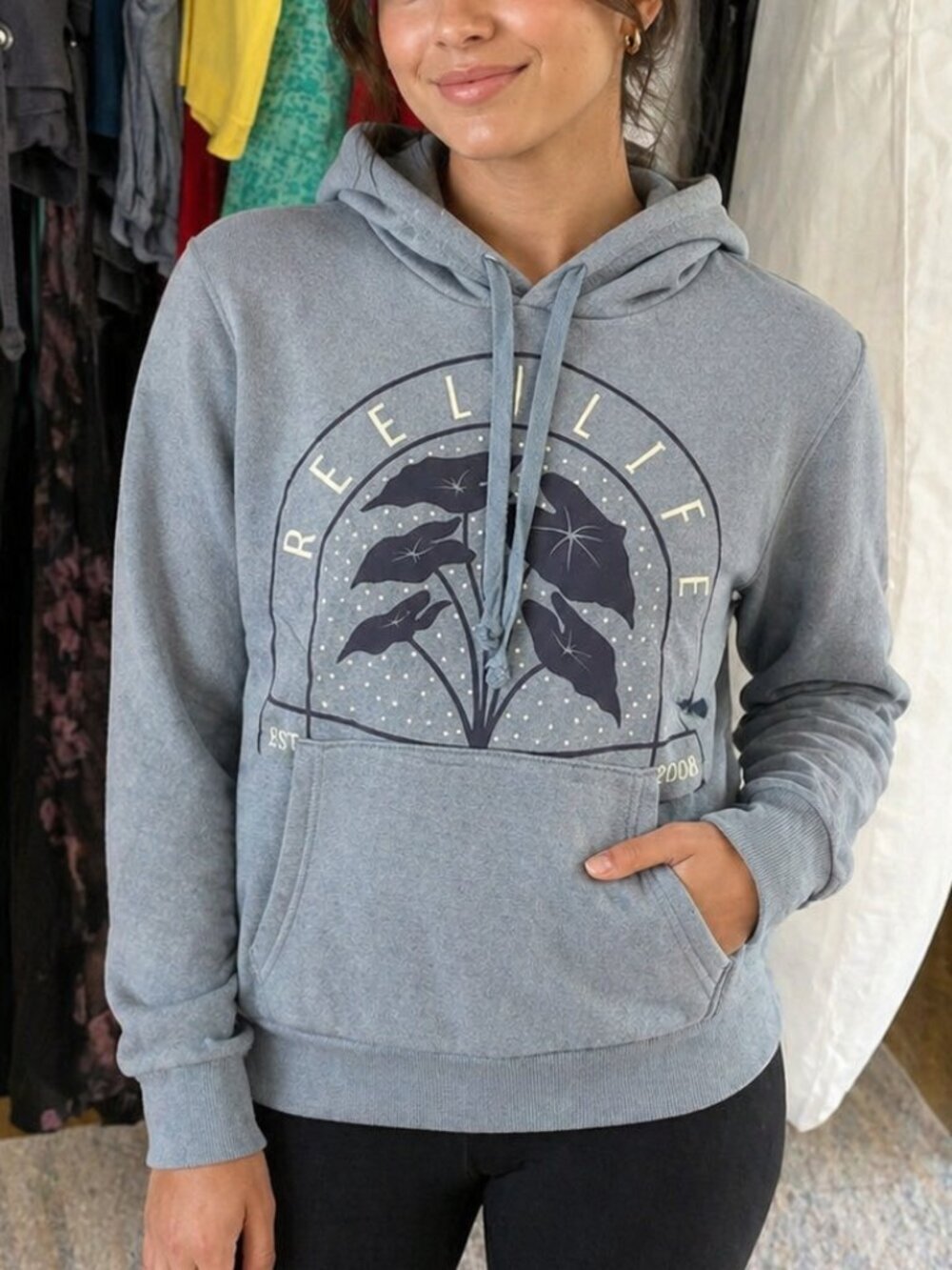 Reel Life Hoodie Sweatshirt Blue Graphic Pullover Womens Medium